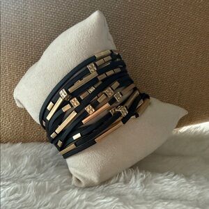 Faux Black Leather and Gold Accents Multi-Strand Bracelet; NWOT